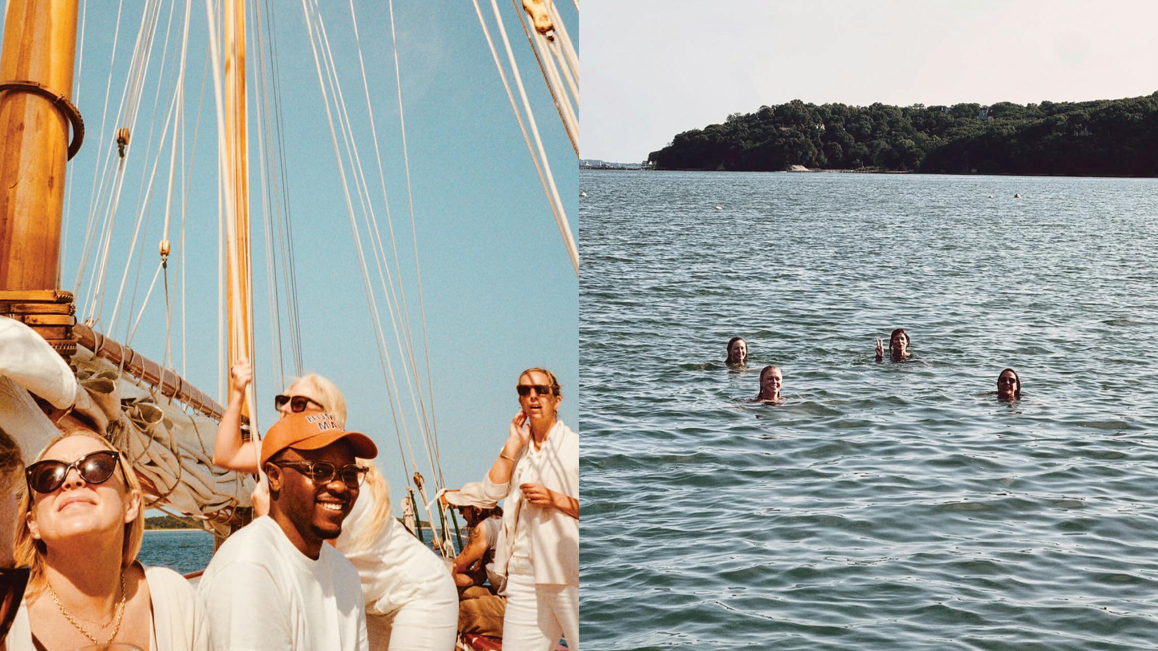 Collage of sailing and ocean swimming during Shelter Island team retreat