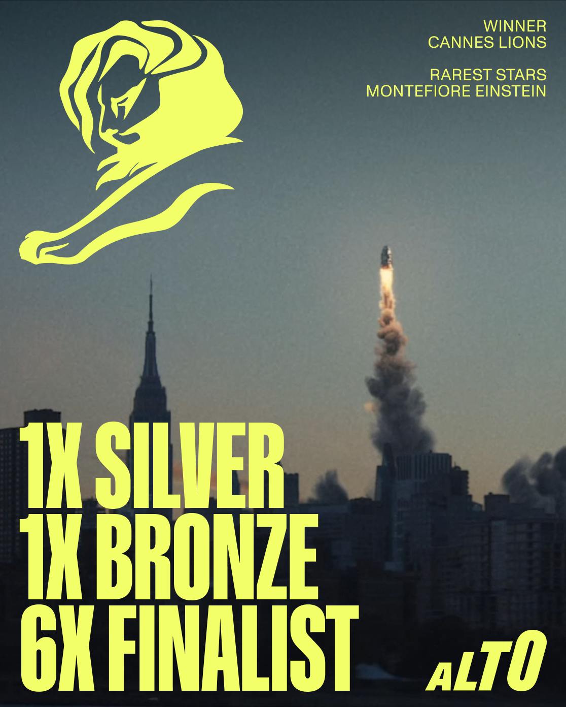 Rocket launching over a city skyline at dusk, highlighting Alto’s Cannes Lions wins for the Montefiore Einstein “Rarest Stars” campaign, including 1 Silver, 1 Bronze, and 6 finalist honors.