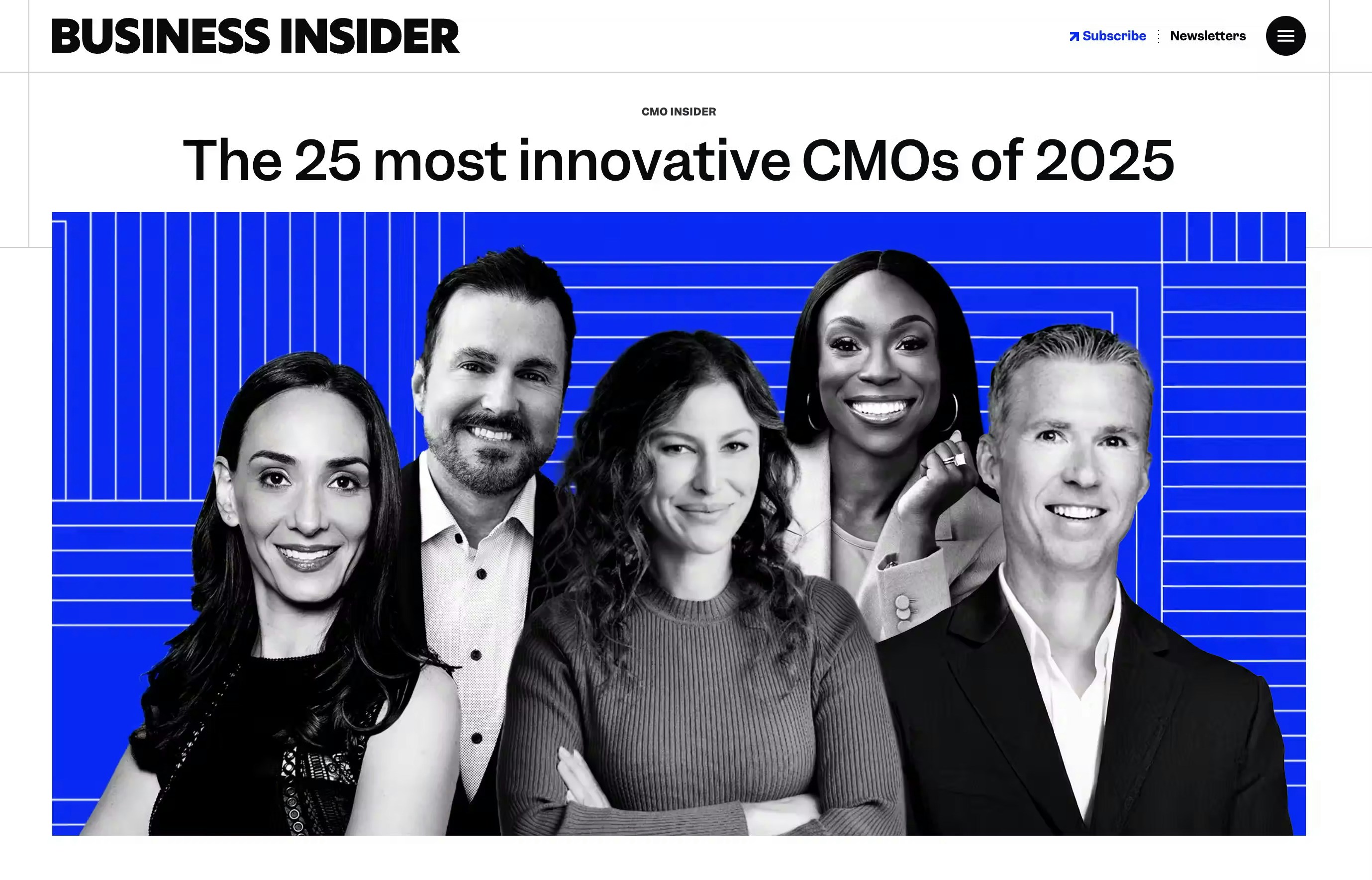 A screenshot of a Business Insider article showing the 25 most innovative CMOs of 2025